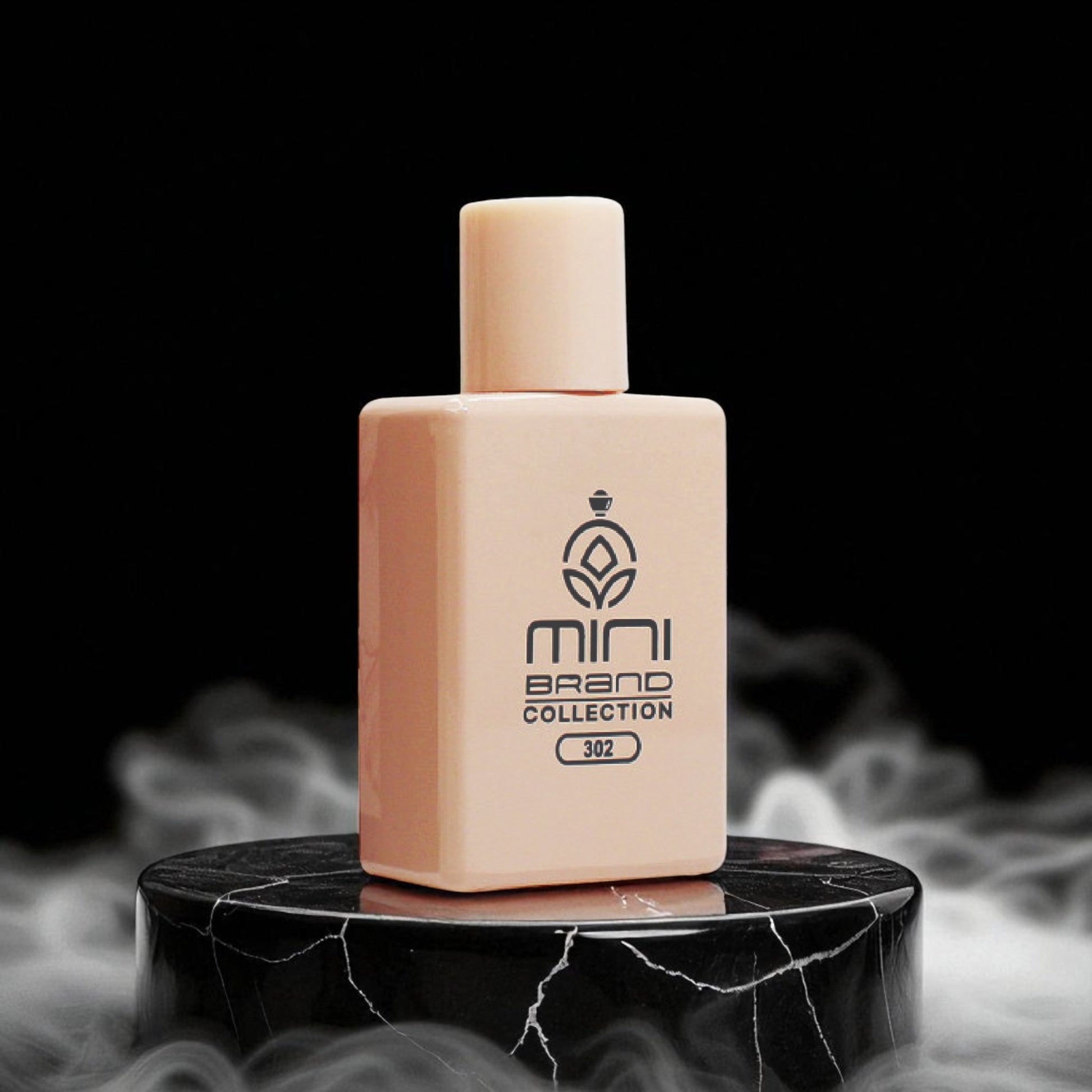 Beige perfume bottle on a black marble stand with a dark background