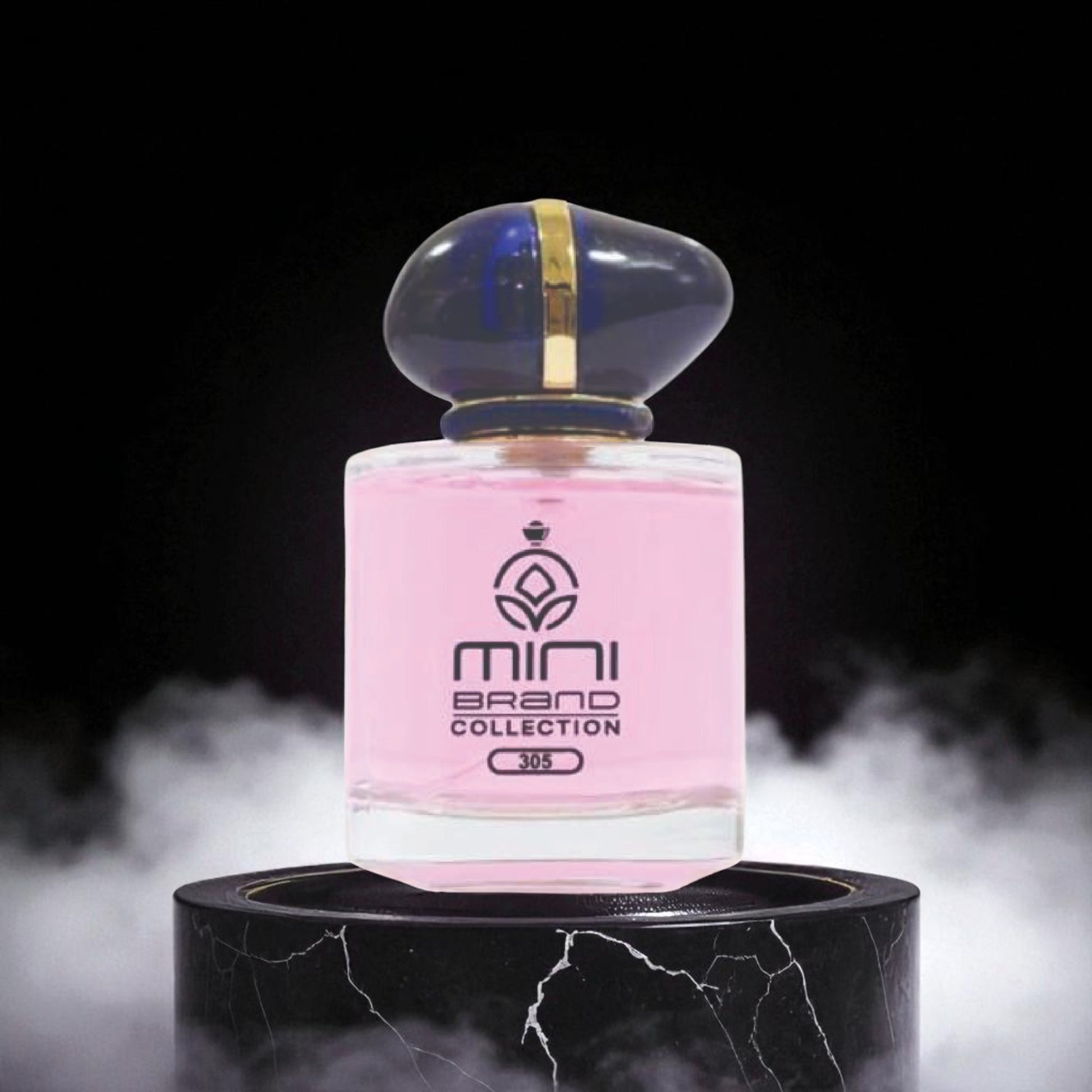 Pink perfume bottle with gold cap on a black marble stand against a dark background