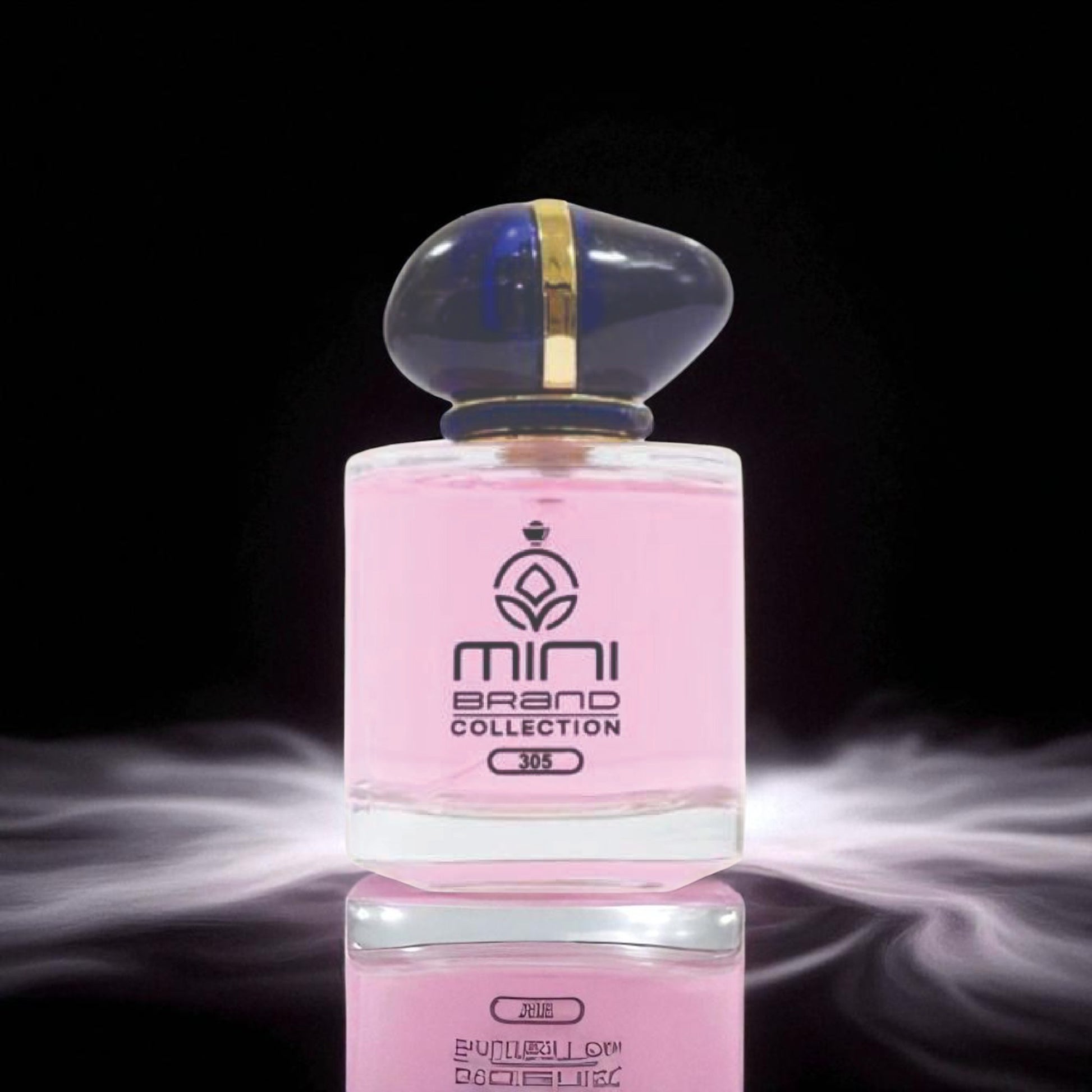 Pink perfume bottle with a gold cap on a reflective surface against a dark background