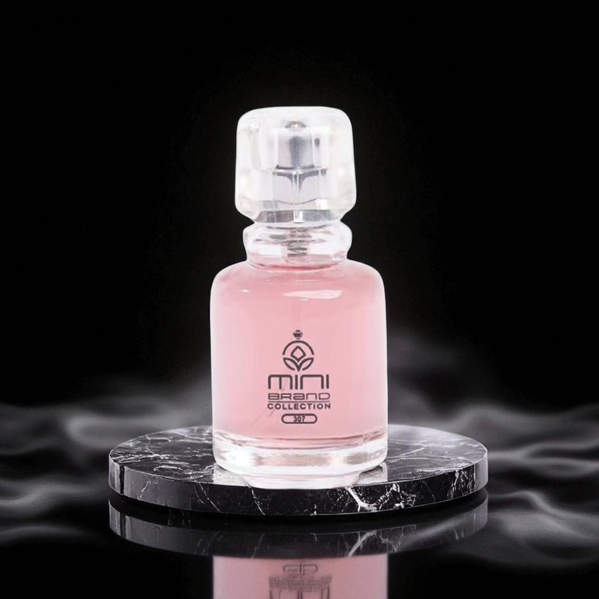 Pink nail polish bottle on a black marble stand with a dark background