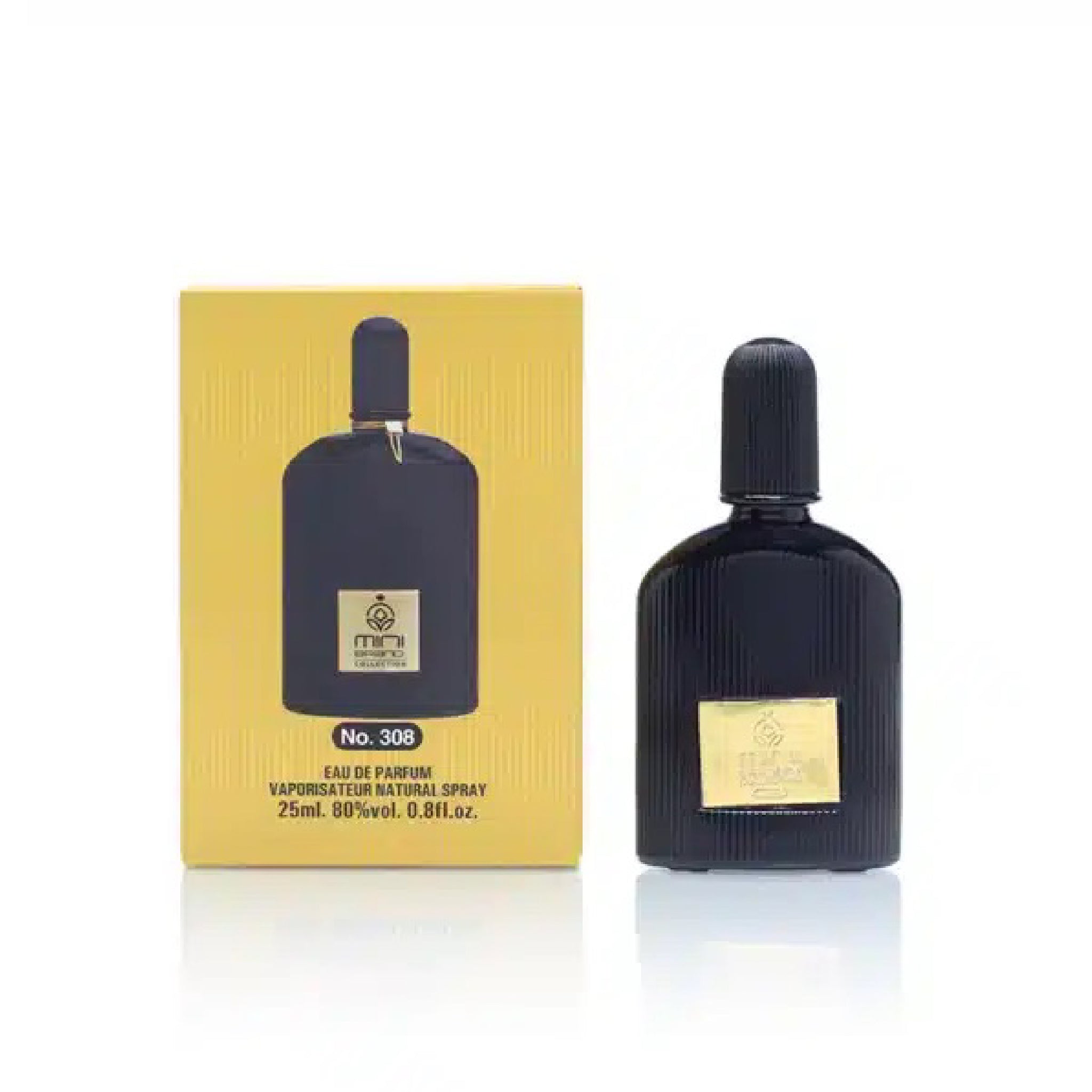 Black perfume bottle with gold label and yellow packaging on a white background