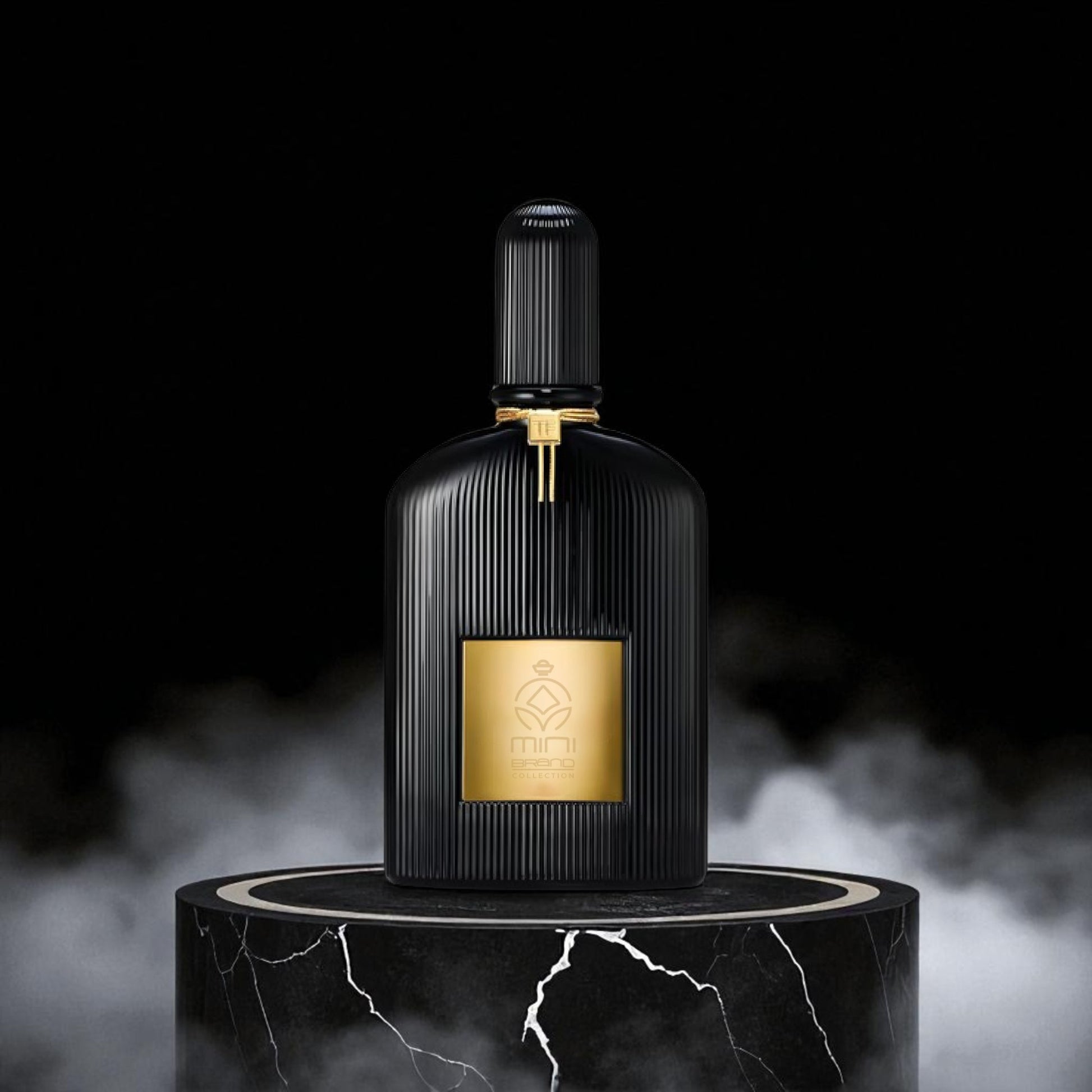 Black and gold perfume bottle on a black marble stand with a dark background