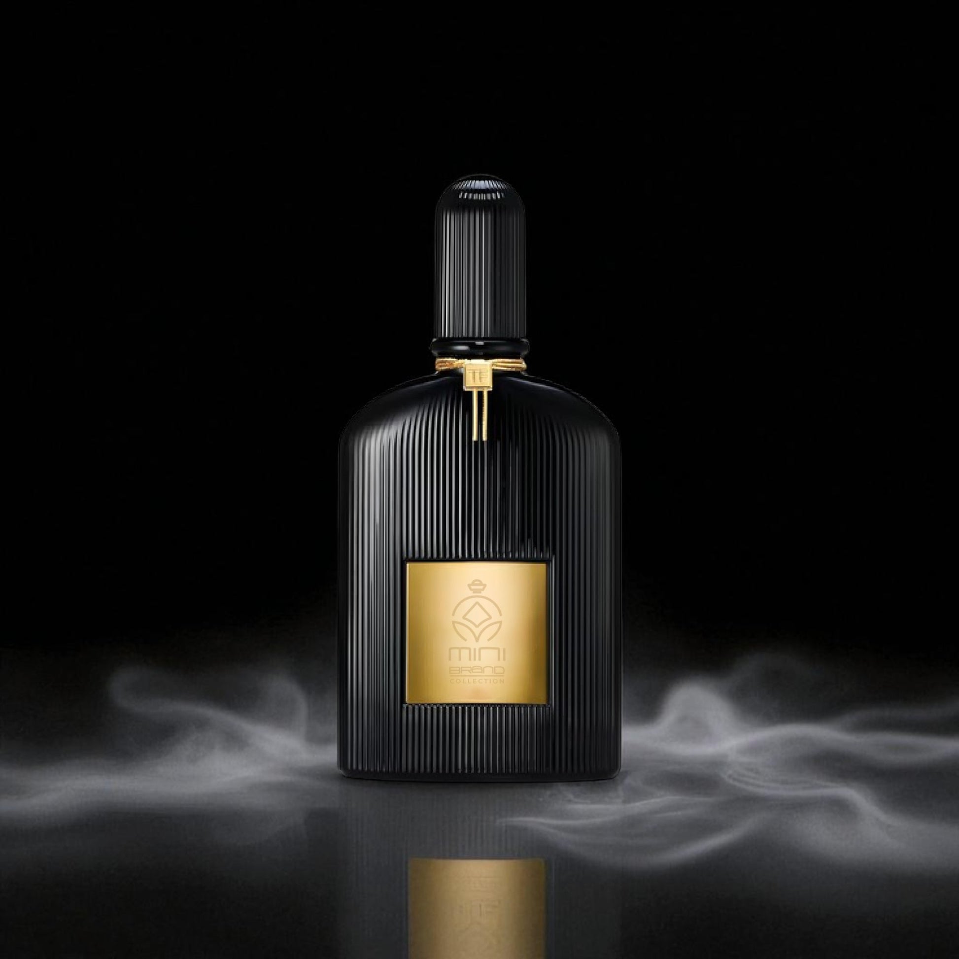 Black perfume bottle with gold accents on a dark background