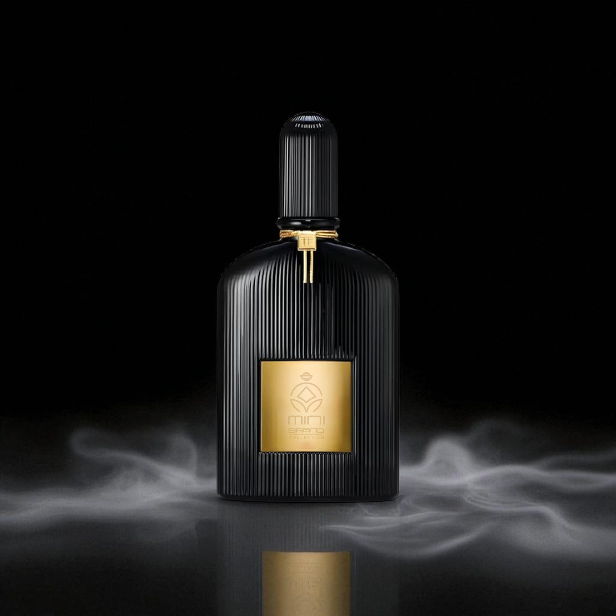 Black perfume bottle with gold accents on a dark background