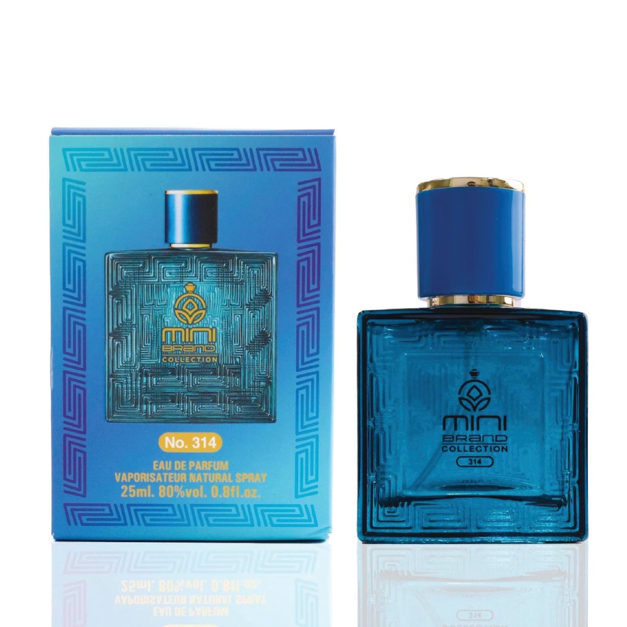 Blue perfume bottle and packaging with intricate design on a white background