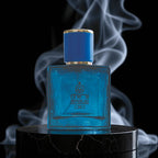 Blue perfume bottle on a black platform with smoke effect