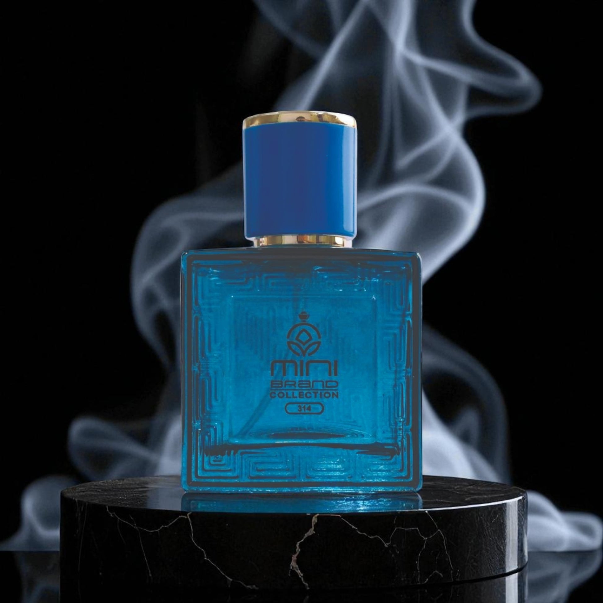 Blue perfume bottle on a black platform with smoke effect