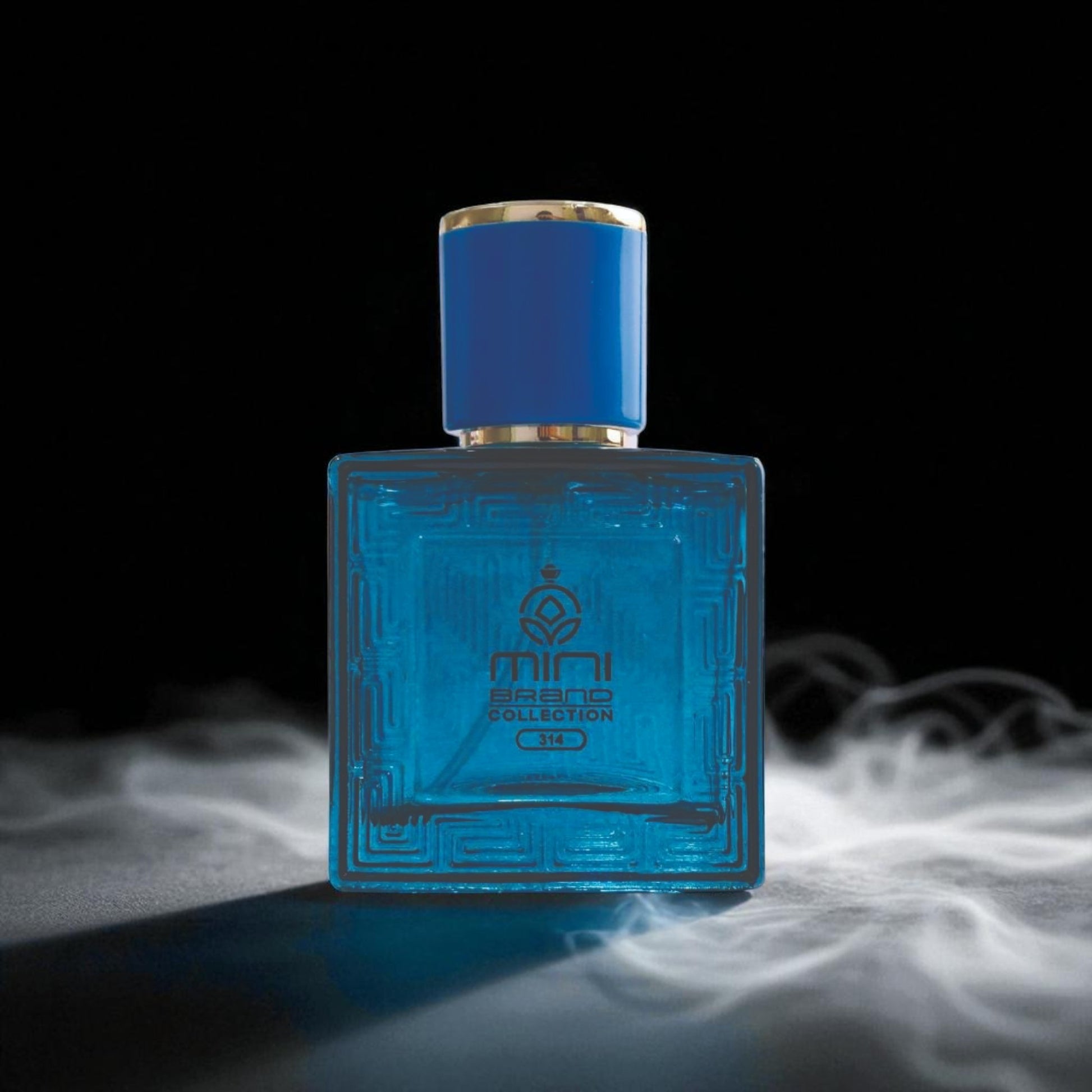 Blue perfume bottle with a dark background