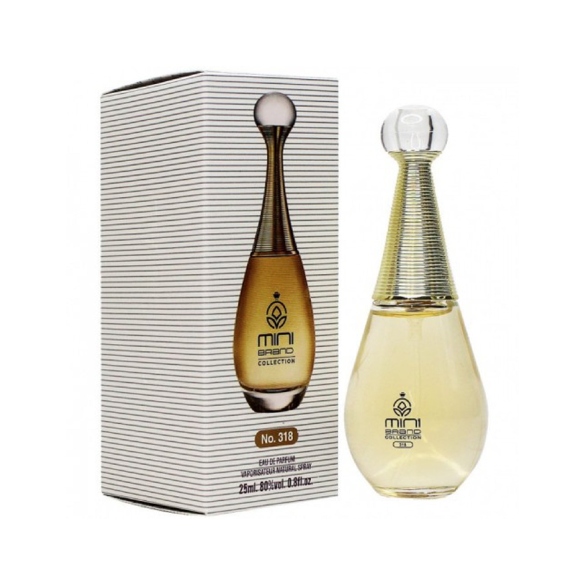 Perfume bottle and packaging with 'mini' branding on a white background