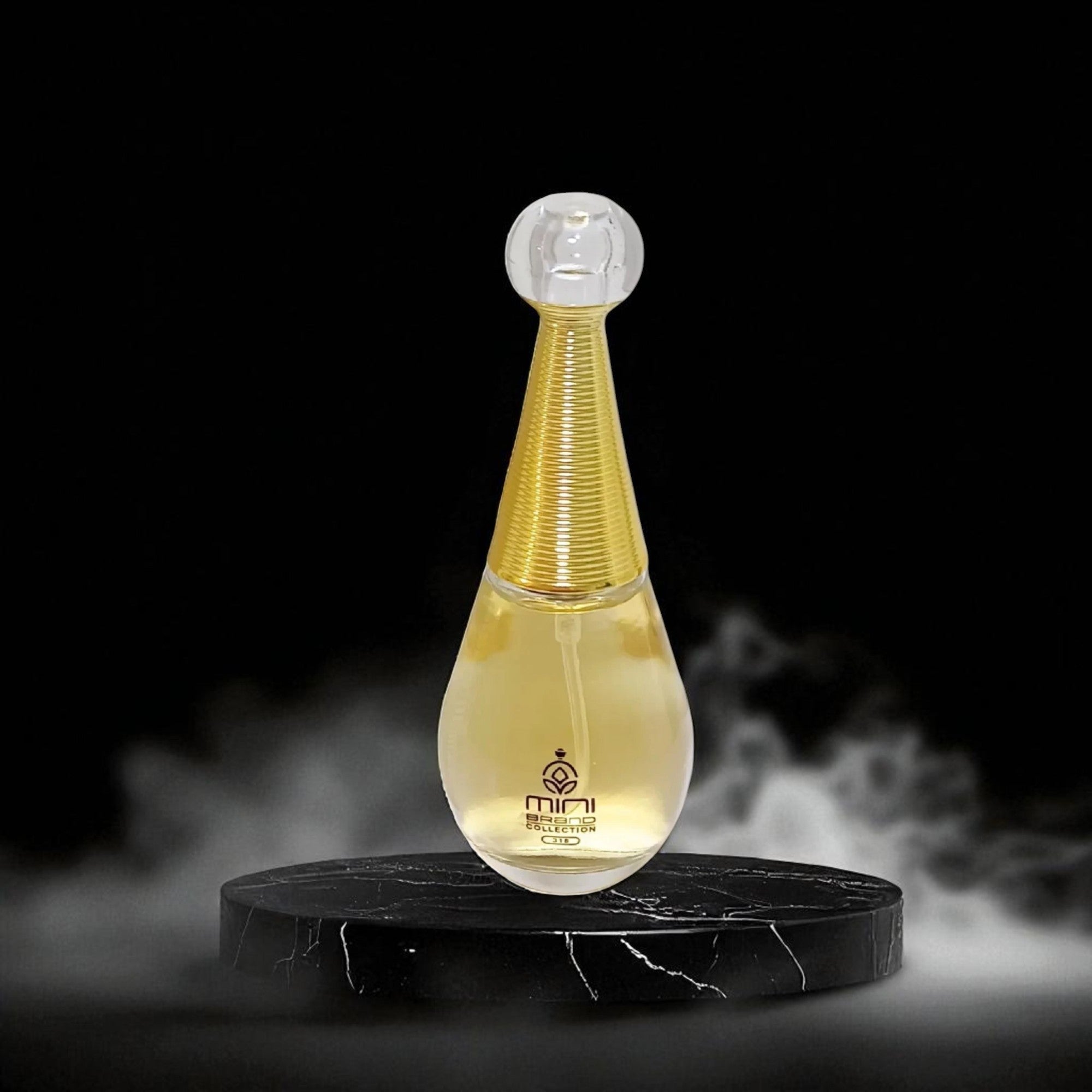 Perfume bottle on a black platform with a dark background