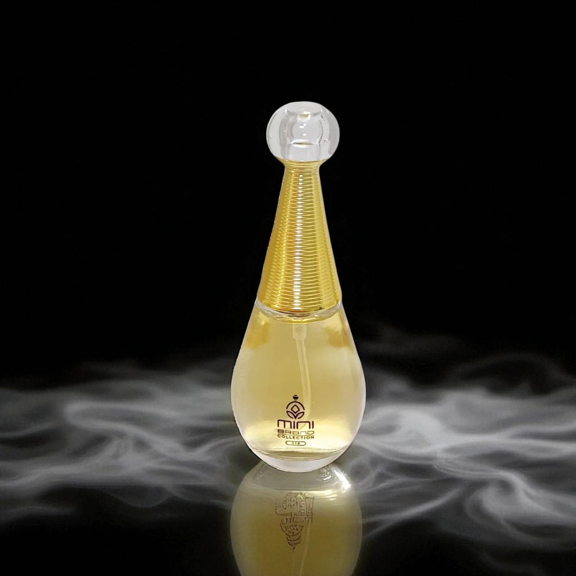 Perfume bottle with gold cap on a reflective surface with smoke effect