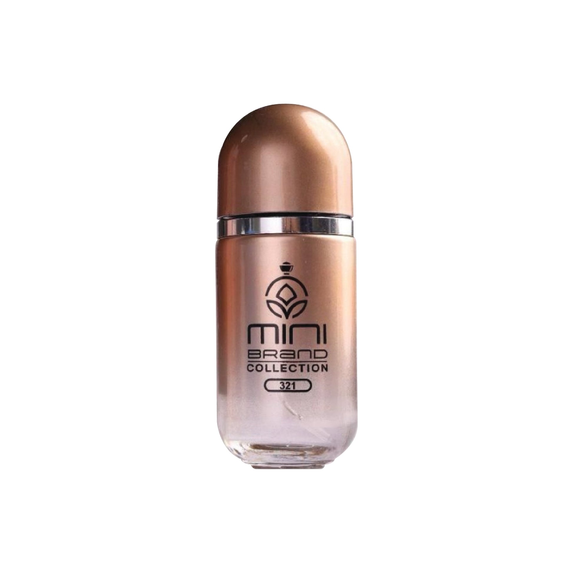 Bronze-colored bottle with 'mini brand collection' label on a white background