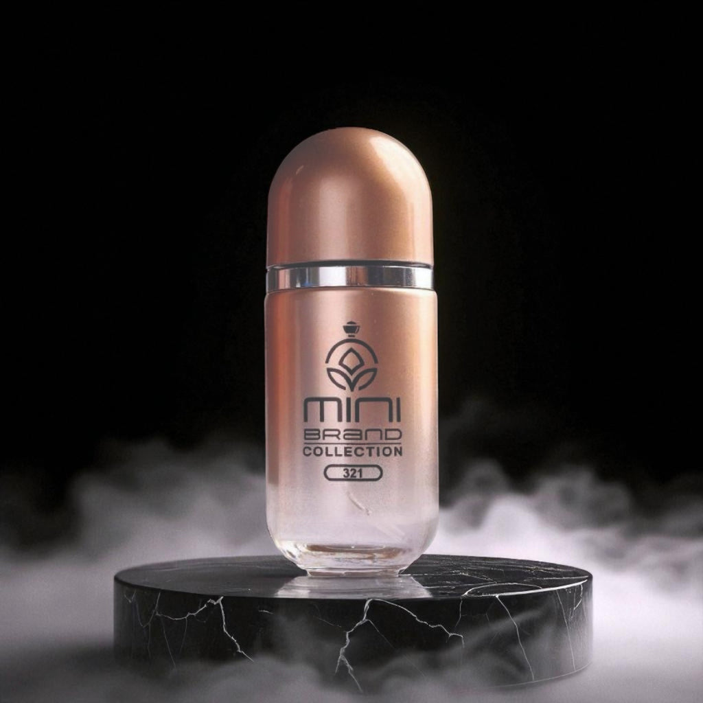 Bronze-colored bottle with 'mini brand collection' text on a dark background