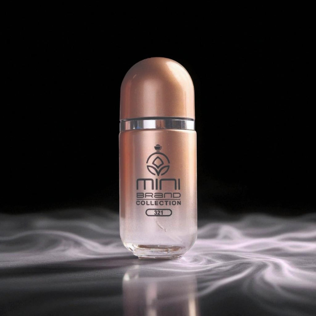 Bronze-colored bottle with 'mini brand collection' branding on a dark background