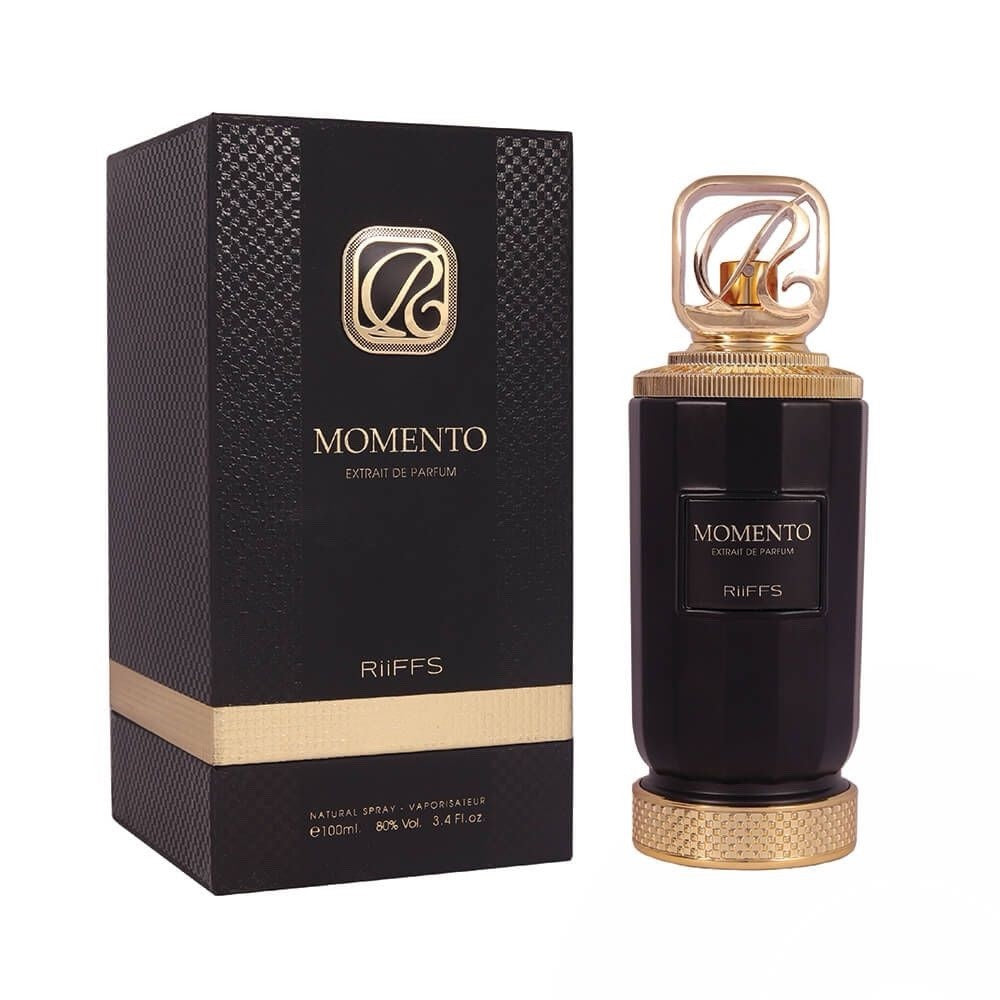Perfume bottle and packaging of 'Momento' by Riiffs on a white background