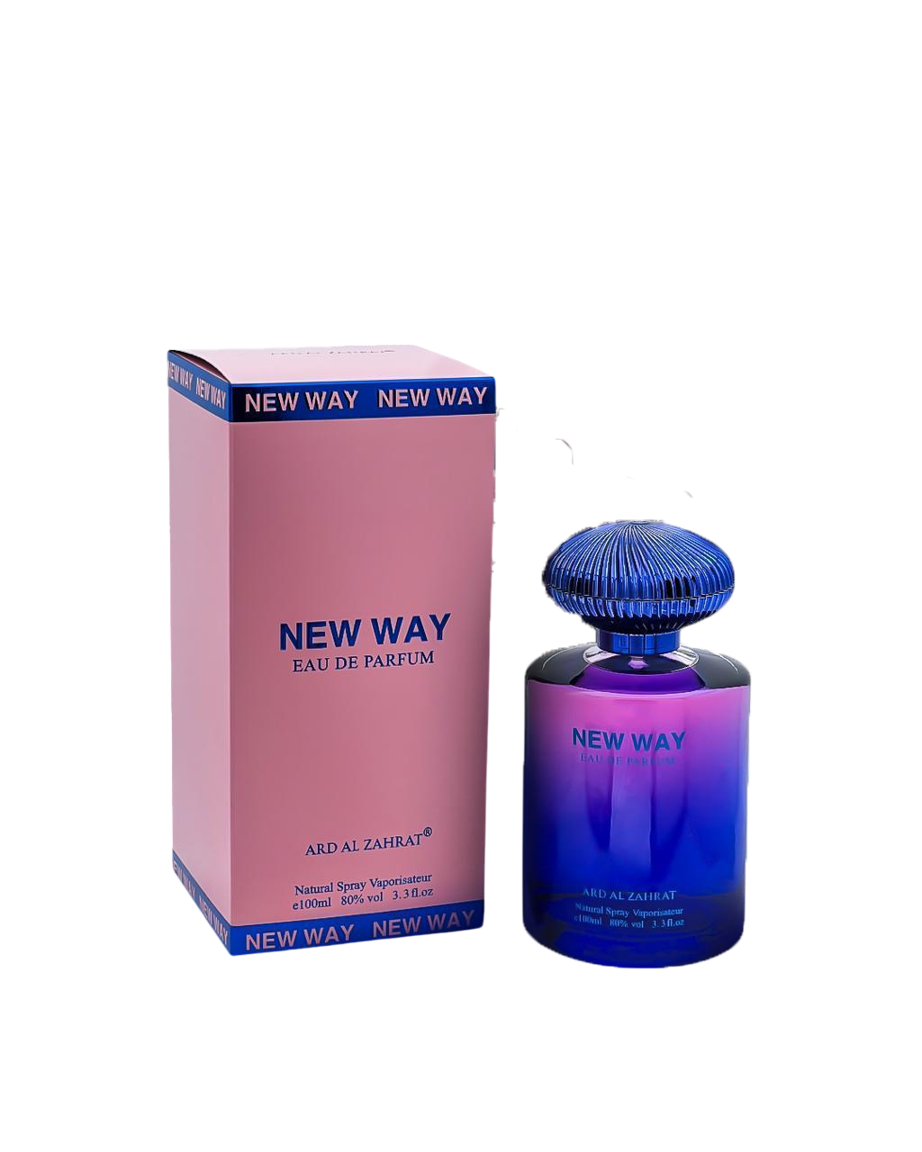 Blue and pink perfume bottle with packaging labeled 'New Way' on a white background