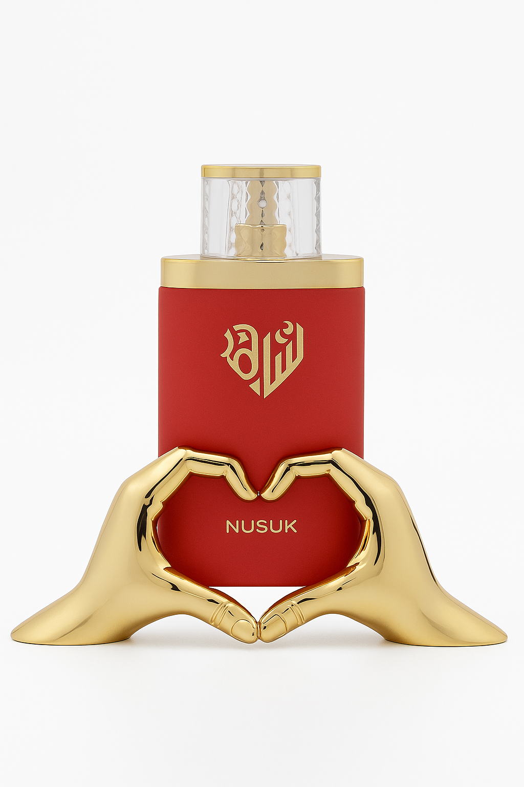 Red Nusuk perfume bottle with gold hands holding it on a white background