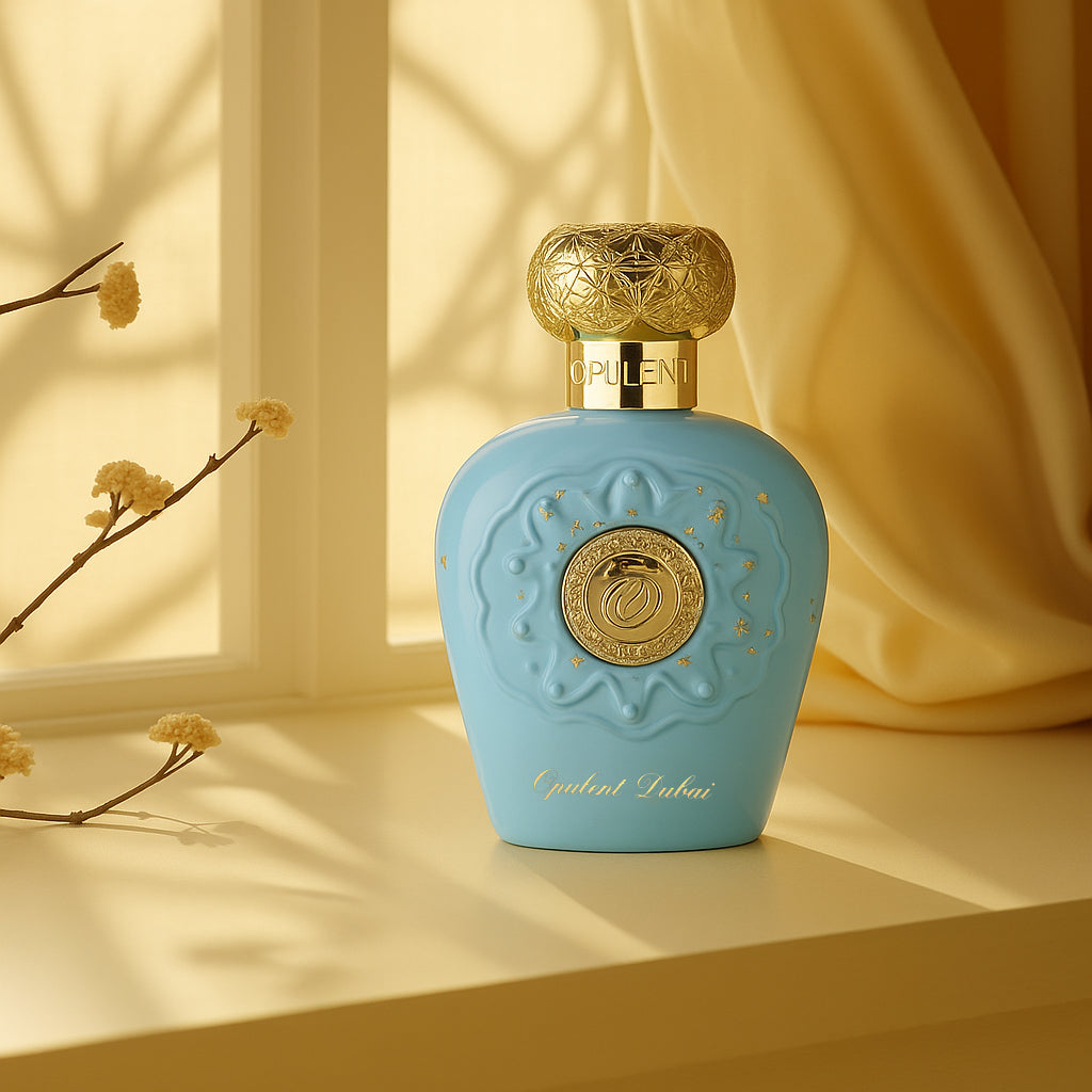 Blue perfume bottle with gold accents on a light yellow background