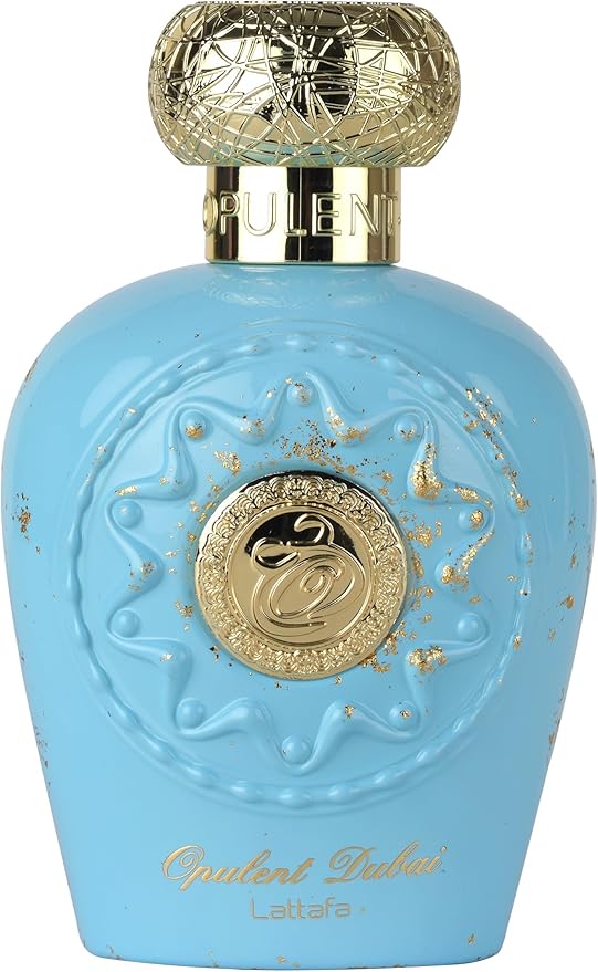 Blue perfume bottle with gold accents on a white background