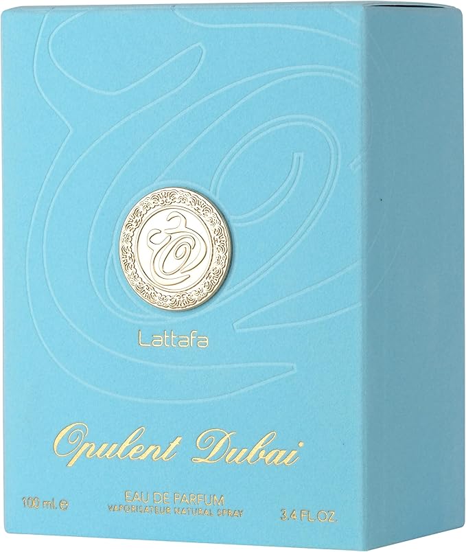 Blue Lattafa Opulent Dubai perfume box with gold emblem and text.