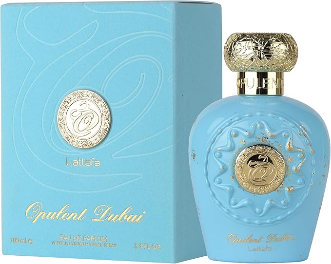 Lattafa Opulent Dubai perfume bottle and packaging on a white background