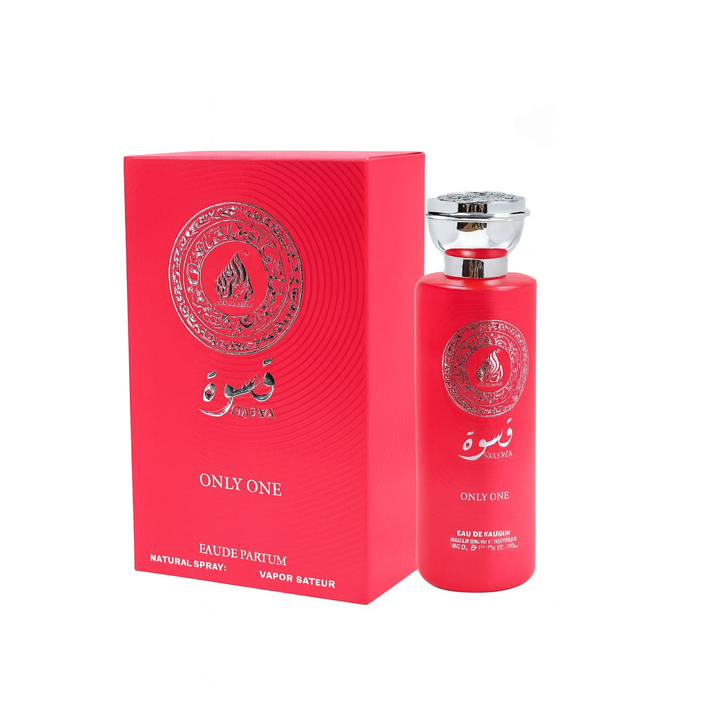 Red perfume bottle and packaging with silver cap on a white background