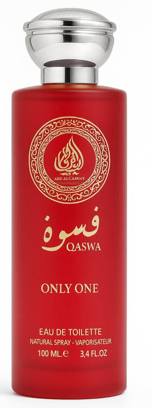 Red perfume bottle with silver cap labeled 'Qaswa Only One' on a white background