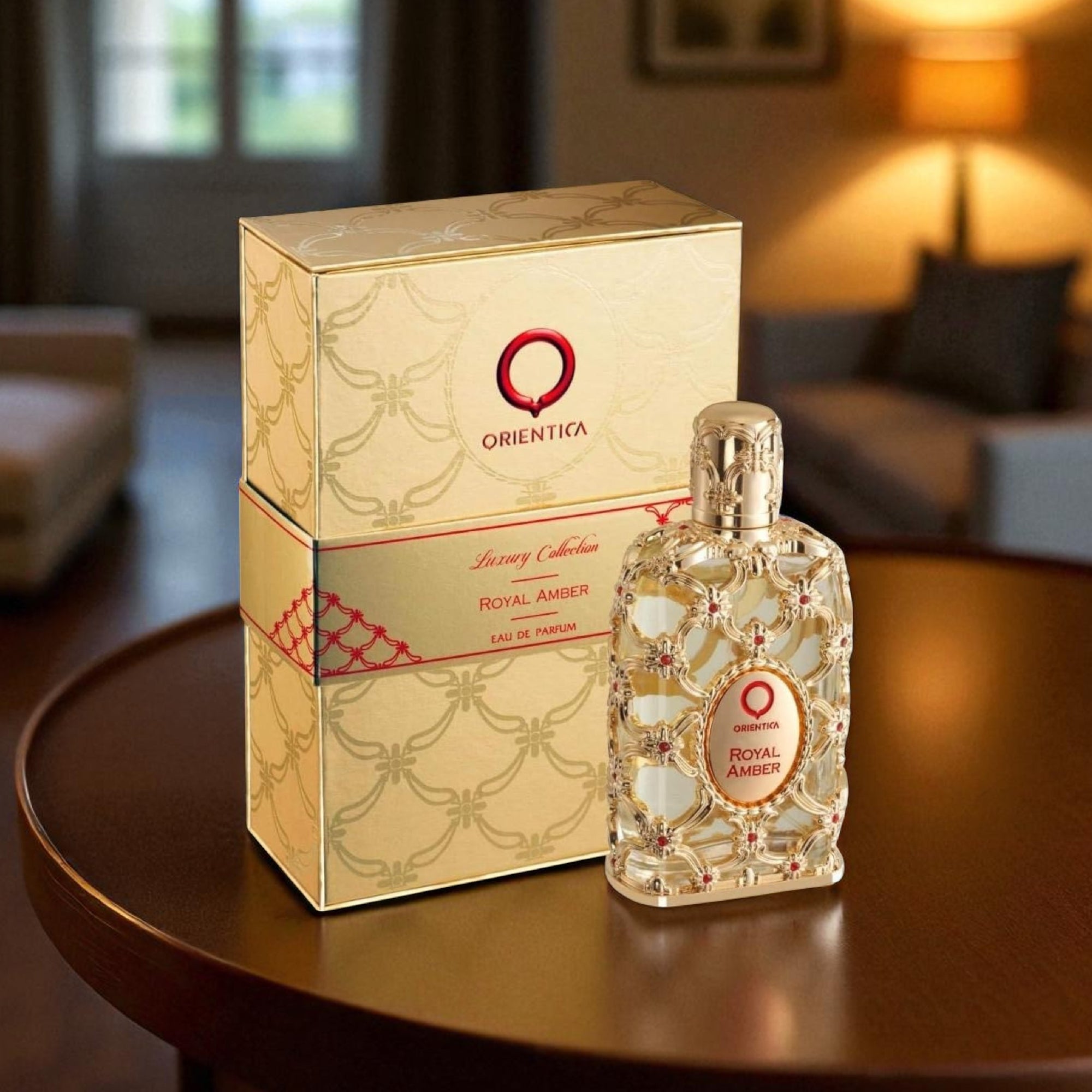 Orientica Royal Amber perfume bottle and packaging on a table