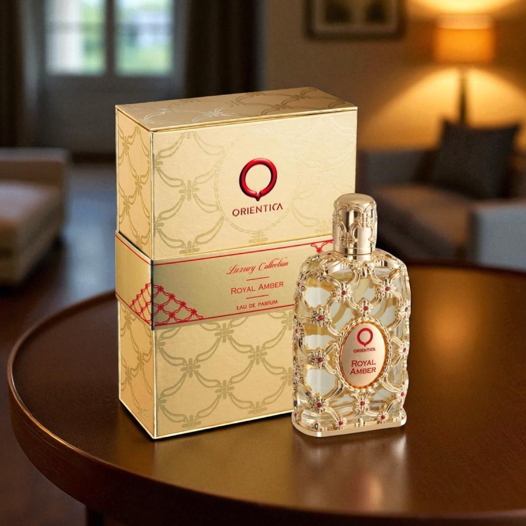 Orientica Royal Amber perfume bottle and packaging on a table