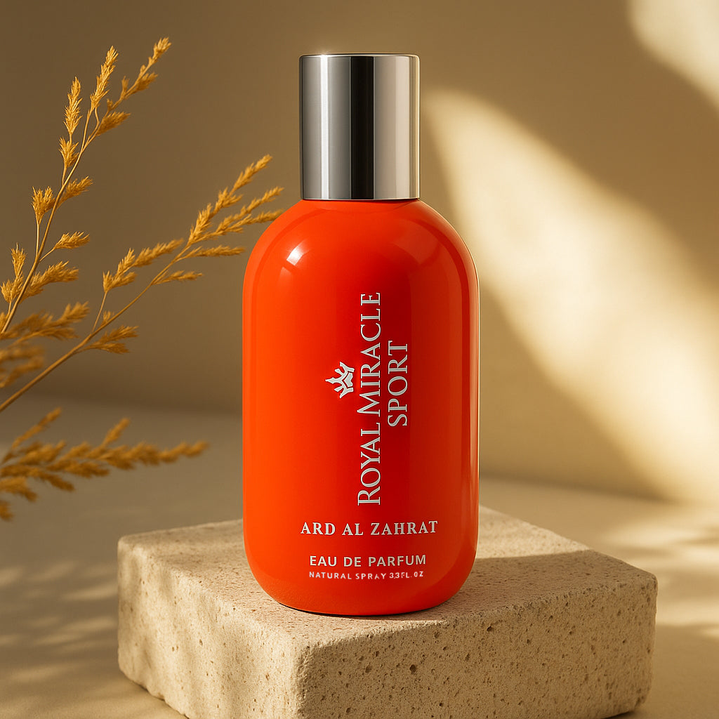 Orange perfume bottle with silver cap on a beige platform against a warm brown background