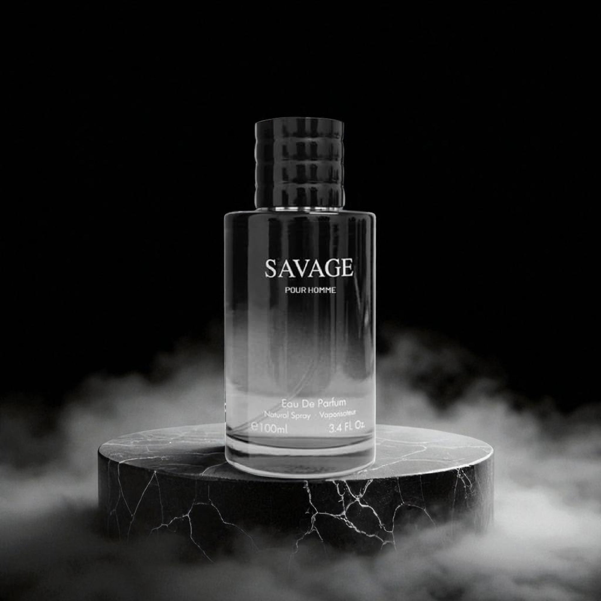 Perfume bottle labeled 'Savage' on a dark background with smoke effect