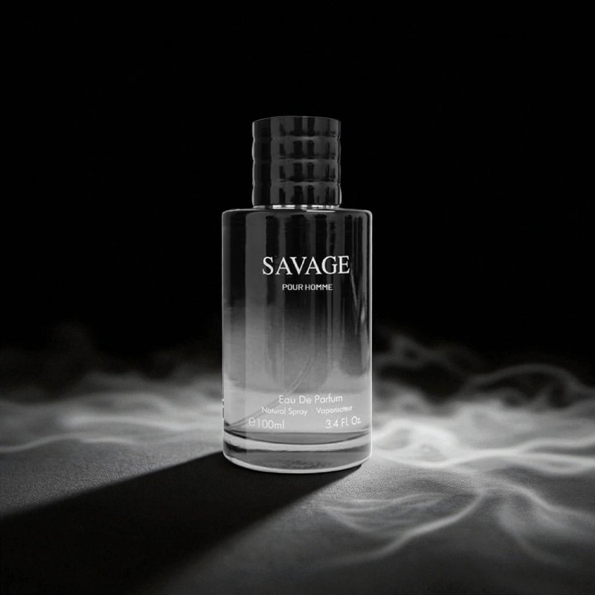 Perfume bottle labeled 'Savage' on a dark background with smoke effect