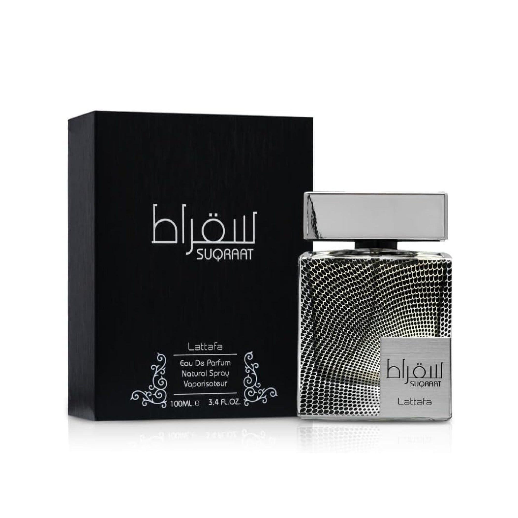 Perfume bottle and packaging of Suqarat Lattafa on a white background