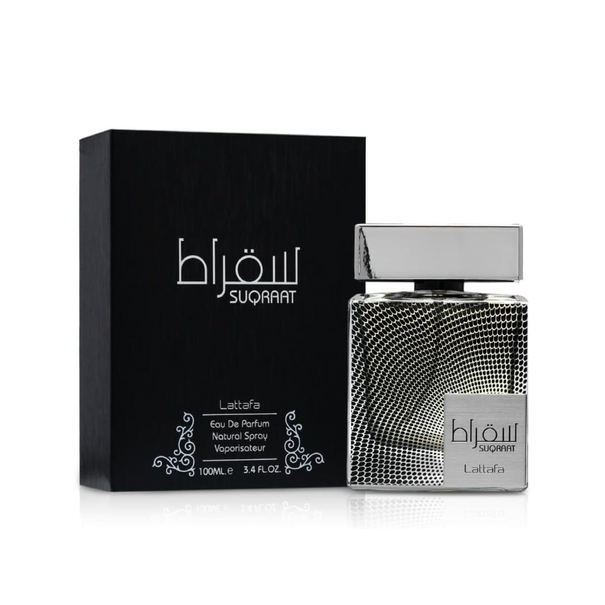 Perfume bottle and packaging of Suqarat Lattafa on a white background