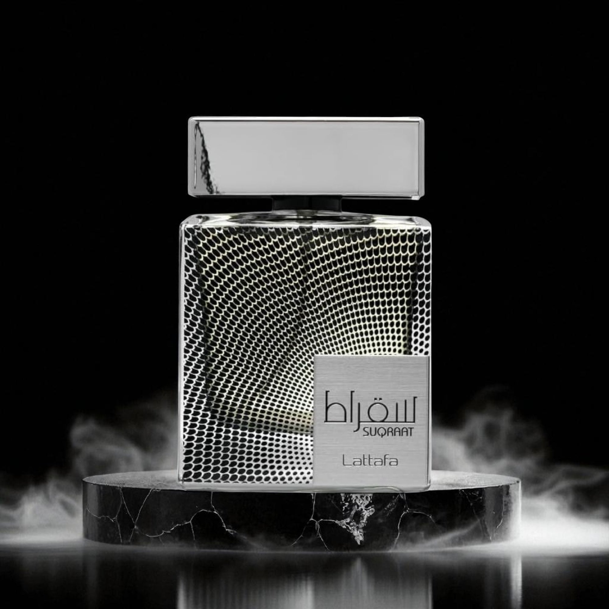 Perfume bottle with textured design on a dark background