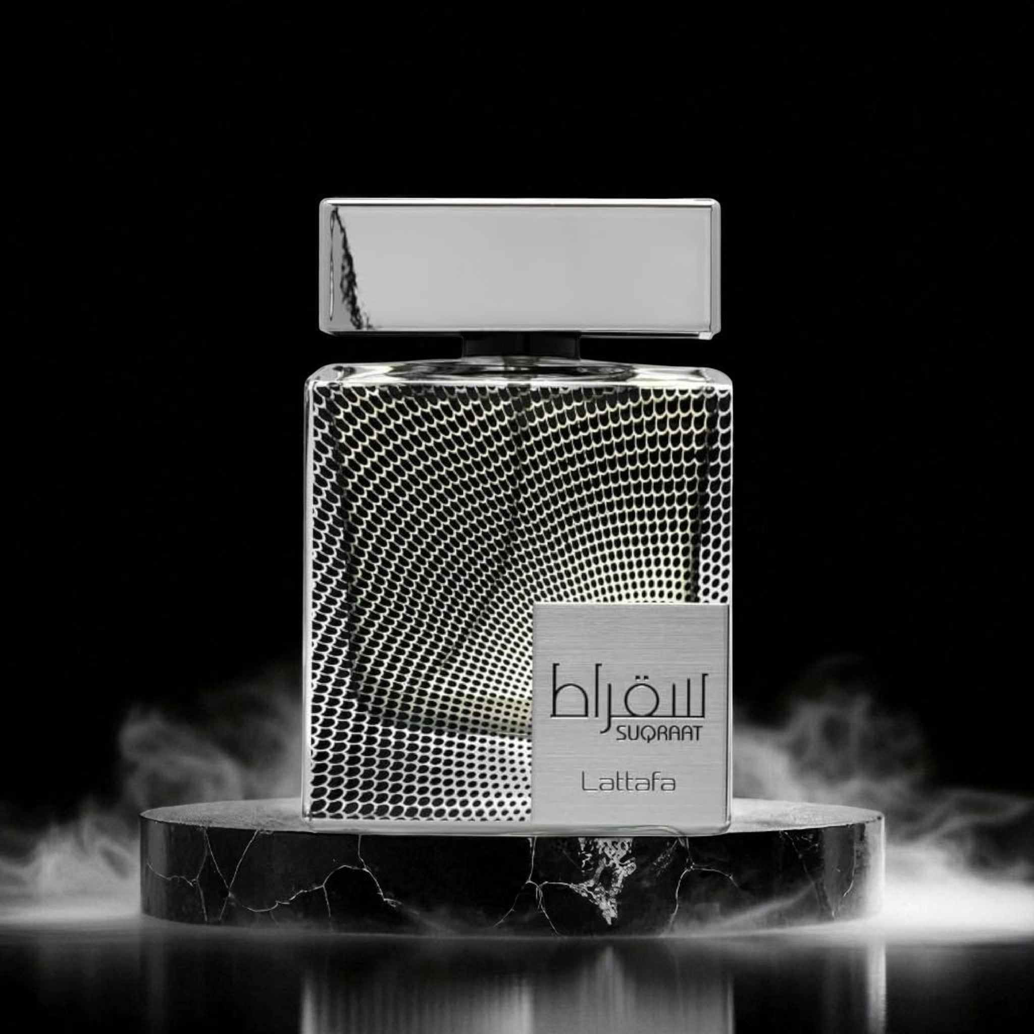 Perfume bottle with textured design on a dark background