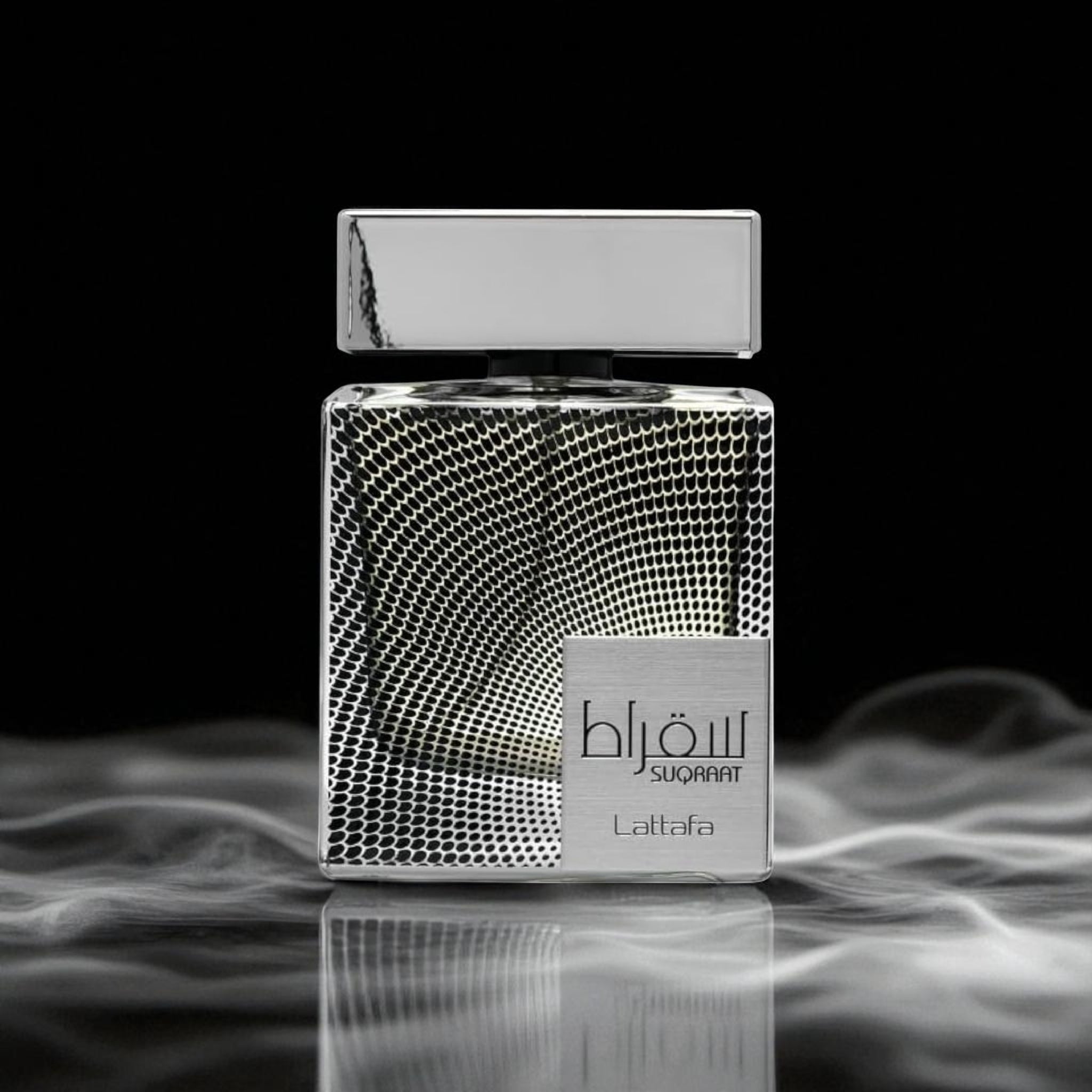 Perfume bottle with textured design and 'Lattafa' branding on a reflective surface with dark background