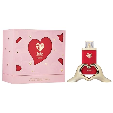 Nusuk Sadeer perfume bottle and packaging with heart design on a white background