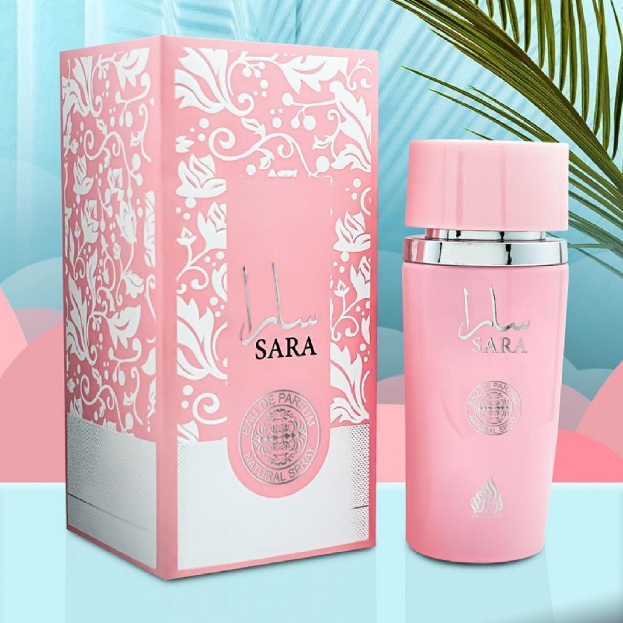 Pink perfume bottle and packaging with 'Sara' branding on a colorful background