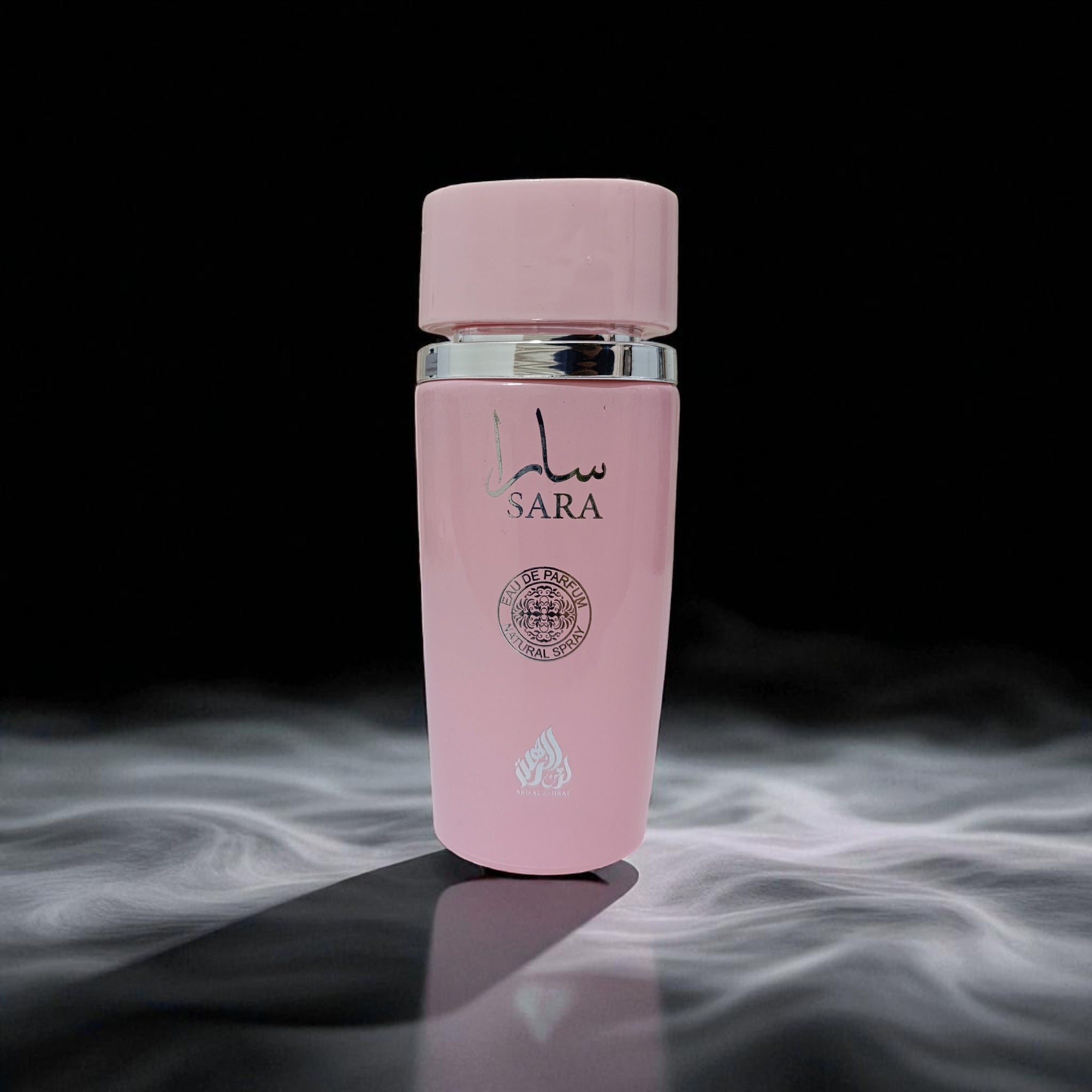 Pink bottle labeled 'Sara' on a dark background