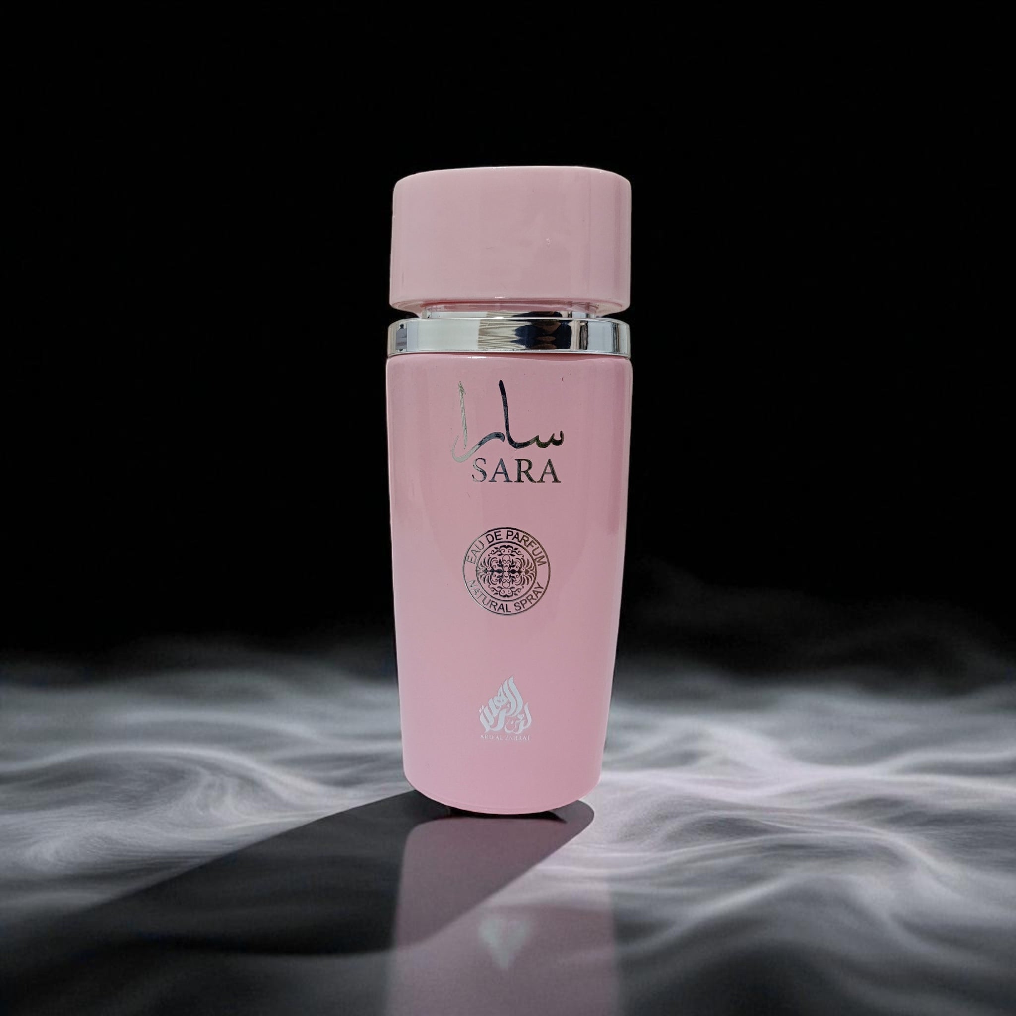 Pink bottle labeled 'Sara' on a dark background