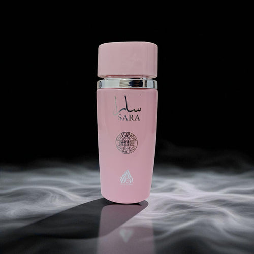 Pink bottle labeled 'Sara' on a dark background