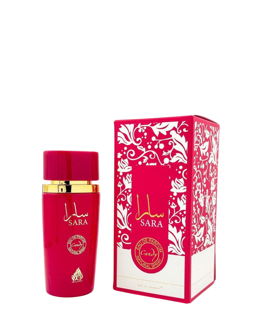 Red perfume bottle with gold accents and matching box on a white background