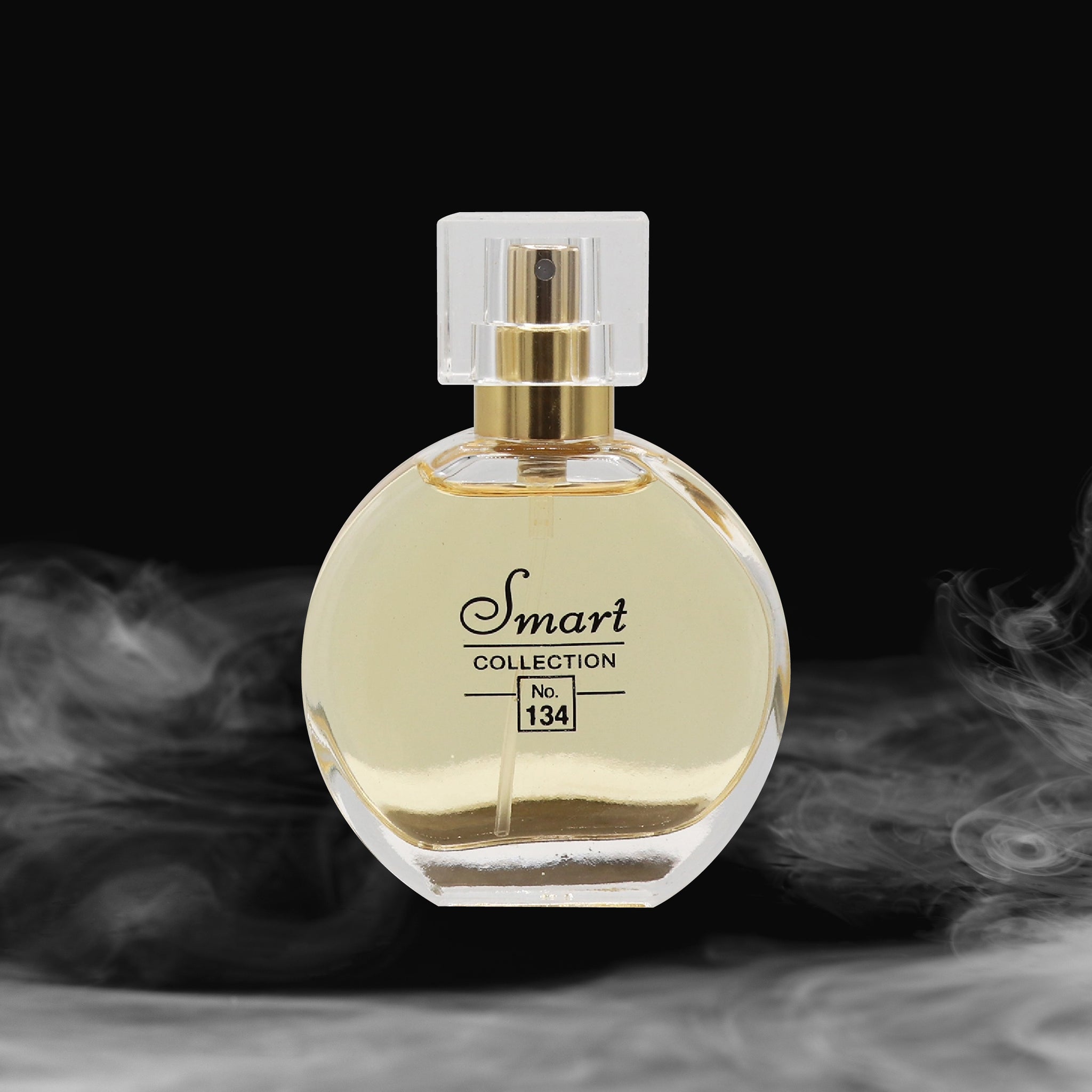 Perfume bottle labeled 'Smart Collection No. 134' on a dark background with smoke effect