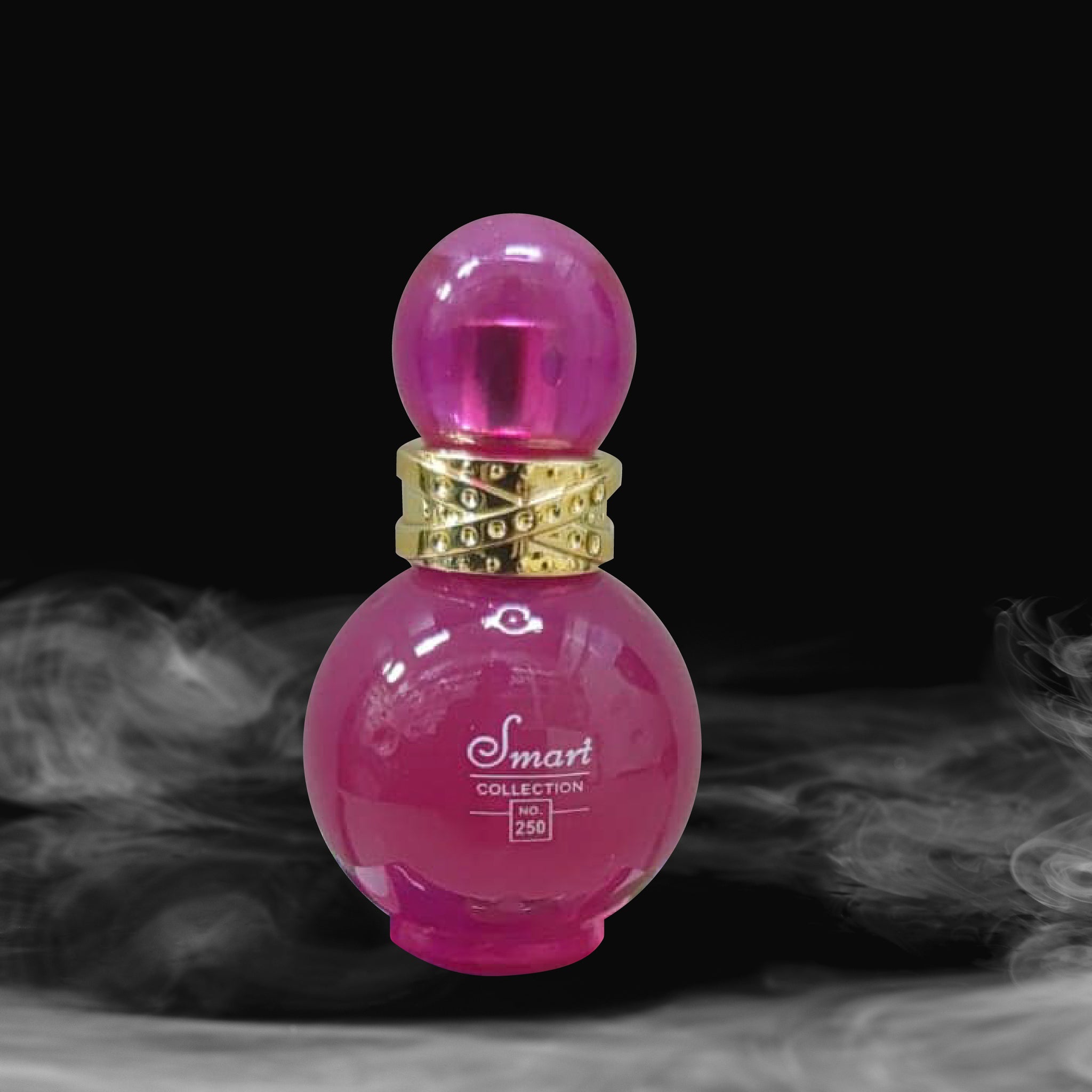 Pink perfume bottle with gold cap on a black background