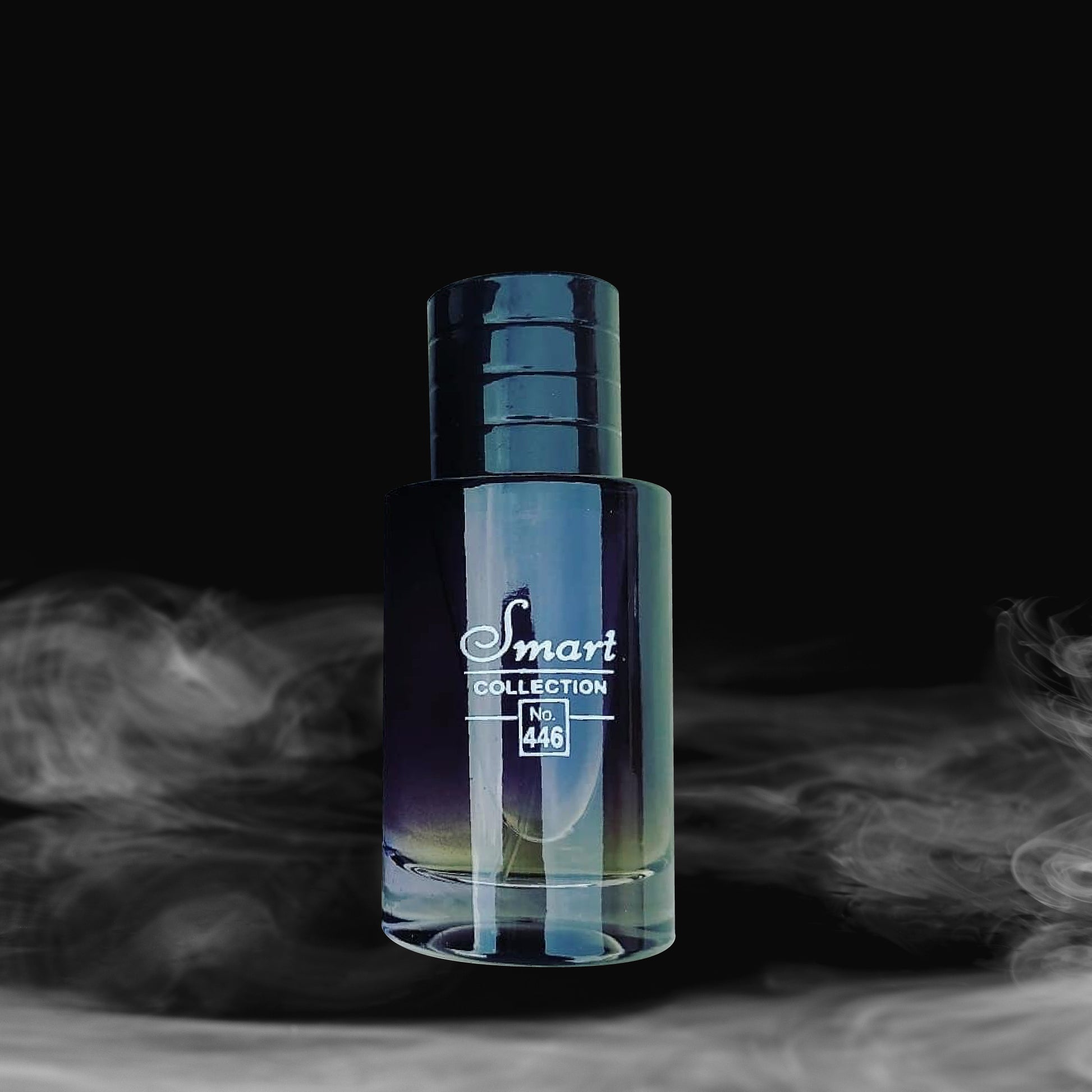 Bottle of 'Smart Collection' perfume with smoke effect on a dark background