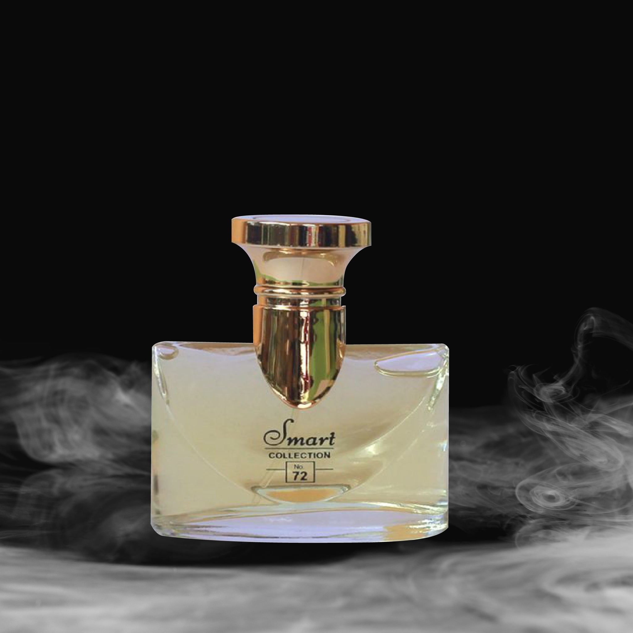 Perfume bottle with gold cap and 'Smart Collection' label on a dark background with smoke effect