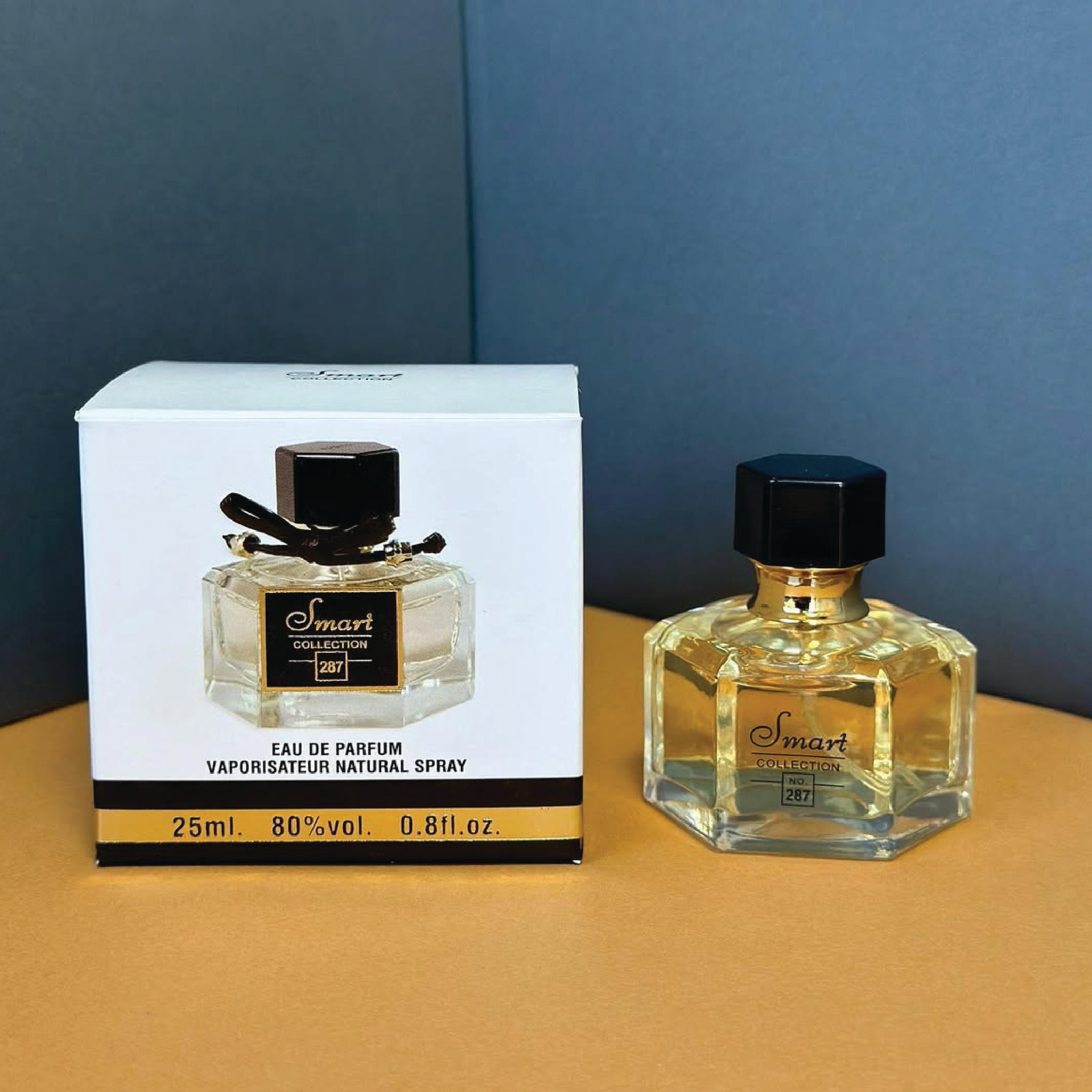 Perfume bottle and packaging on a yellow surface with a blue background