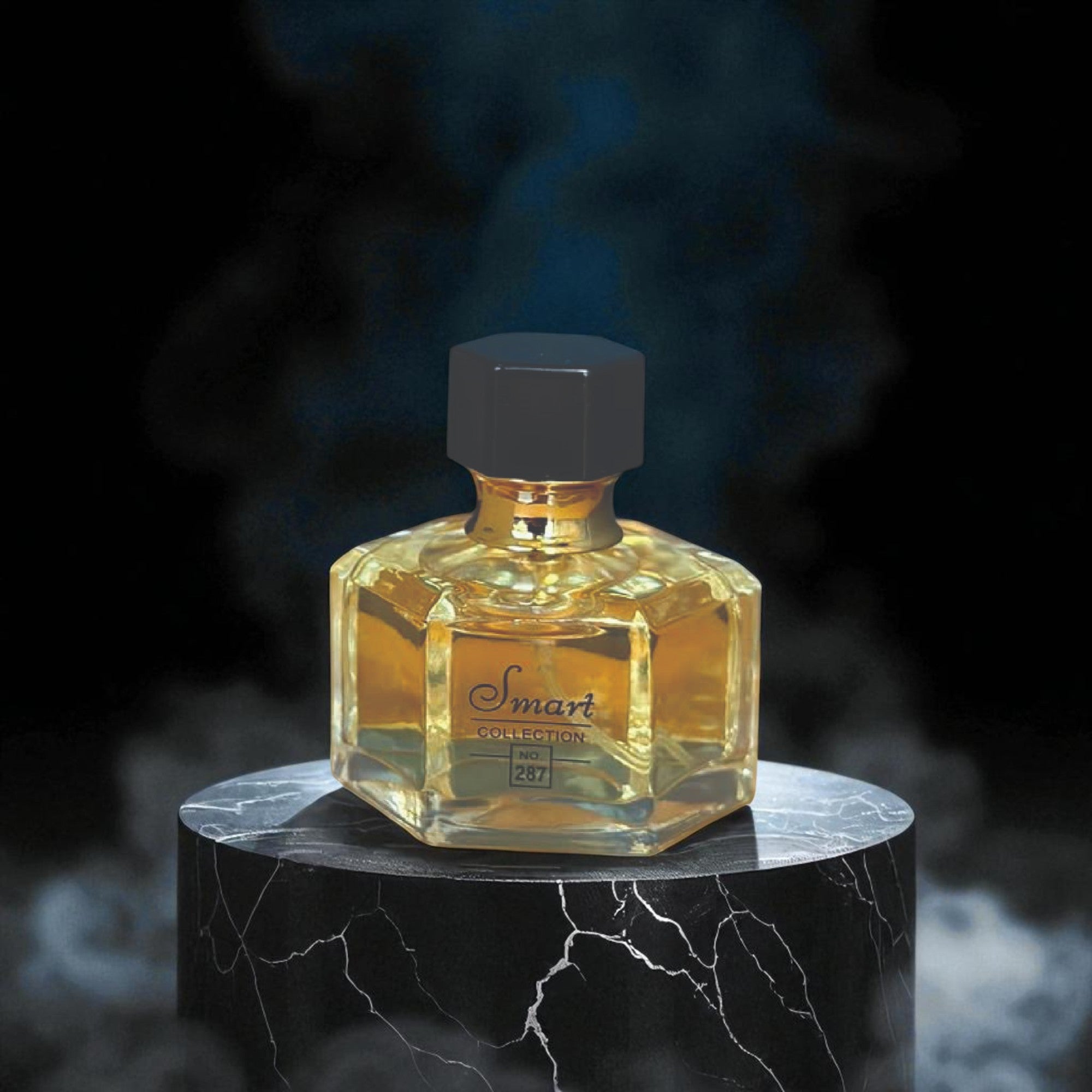 Perfume bottle on a dark marble stand with a dark background