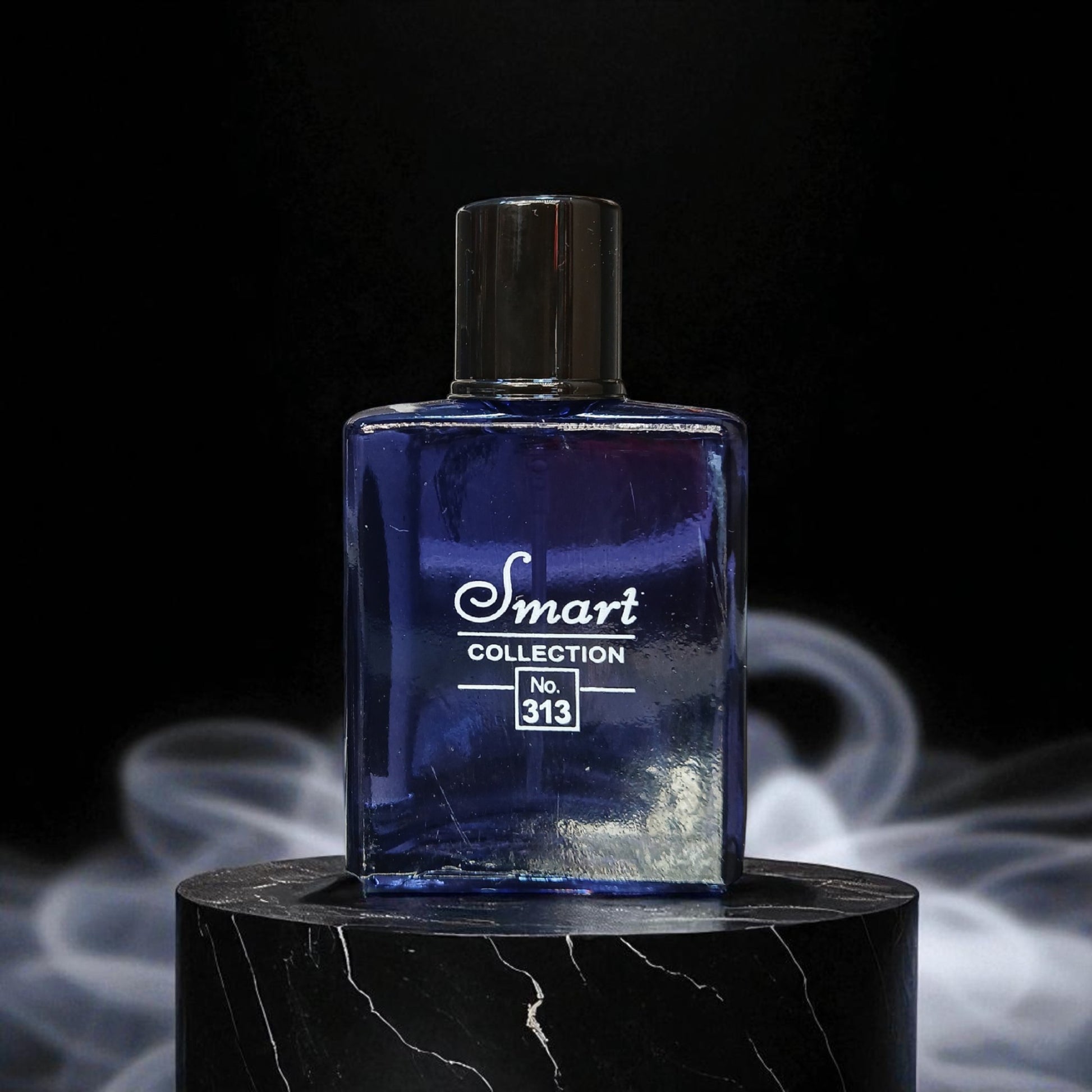 Blue perfume bottle labeled 'Smart Collection No. 313' on a black marble stand with a dark background.